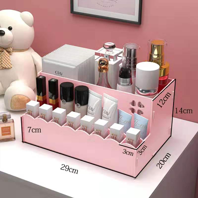 手机架网红化妆品收纳盒木质桌面整理抽屉带镜子口红护肤盒 （）梯形粉色