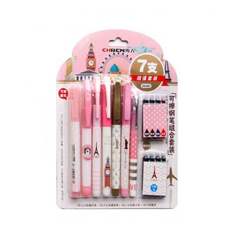 学生墨囊钢笔套装可替换笔囊可擦蓝色粉色7件套装 粉色包装