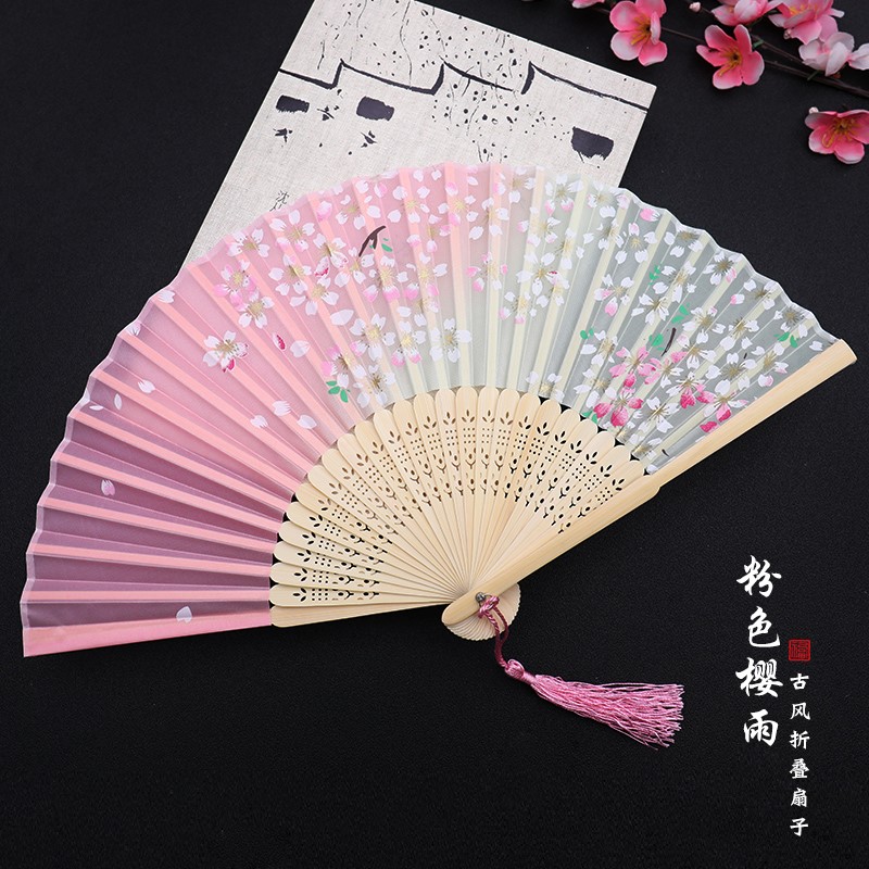 扇子折扇 竹子 手工个性创意中国风法式宫廷扇女流苏汉服配件 02粉色樱雨