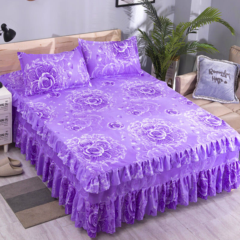 【三件套】席梦思床裙床罩床套韩式床单床盖床笠1.5米1.8米2米 三层花边紫玫瑰 180x200三件套