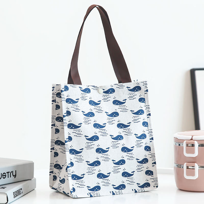 便携手提购物袋饭盒储物袋环保帆布手提袋折叠便当包布袋子 蓝色海豚 纵向大号