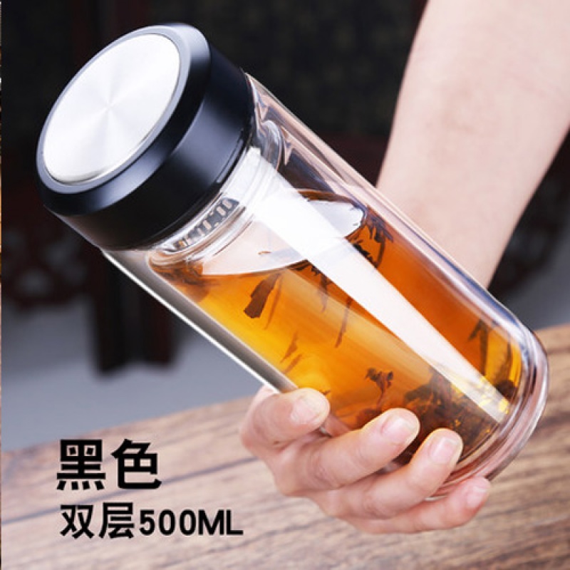 350/500水杯玻璃杯子男双层过滤茶杯男女大容量办公杯车载杯 500ml黑色