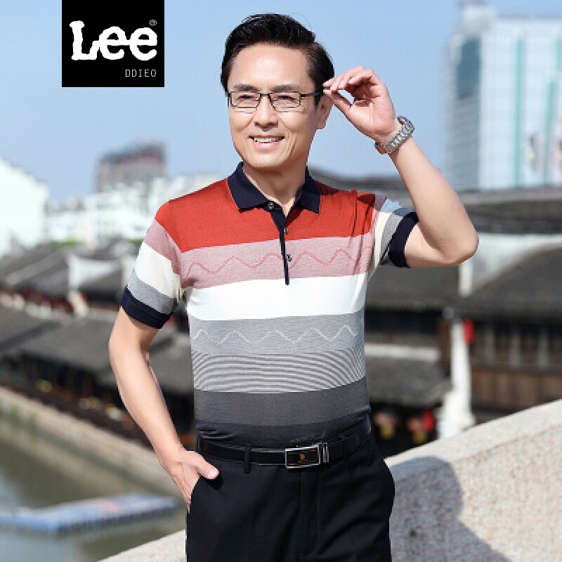 LEE DDIEO中老年男装爸爸装夏季中年男士短袖T恤衫大码冰丝父亲节老人衣服 T876桔色 L