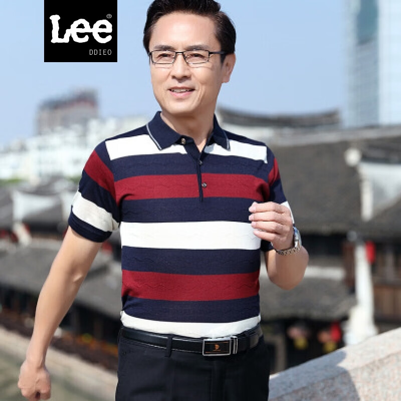 LEE DDIEO爸爸夏装冰丝短袖T恤男中年人夏天衣服爷爷中老年男装夏季POL T650红色 L