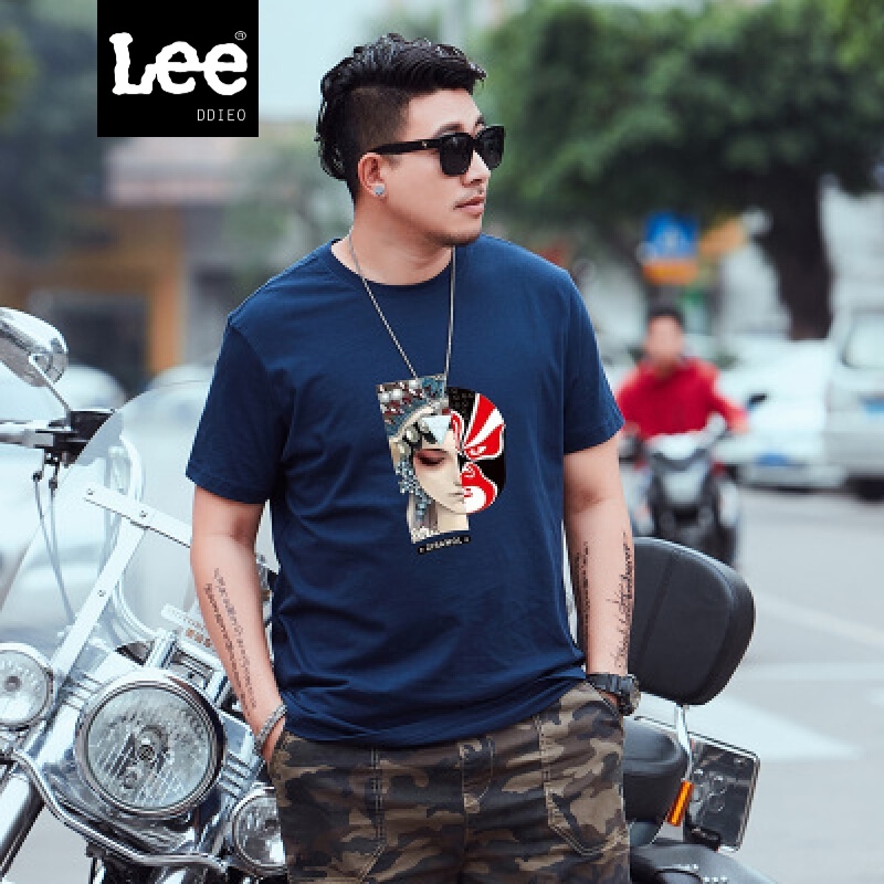 LEE DDIEO短袖T恤男2020夏季新款纯棉T恤男士夏装圆领宽松 深蓝色 4XL