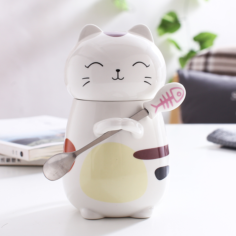 创意可爱猫咪陶瓷水杯情侣猫咪马克杯带盖勺创意陶瓷杯子茶杯带勺 微笑抱抱猫(憨笑喵)