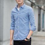长袖衬衫男装春秋男士衬衣男韩版休闲修身寸衣男 青年学生纯色衣服男打底衫 C999湖蓝色 XL
