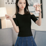 秃秀 针织衫女2019夏季新款短袖露肩打底针织衫女修身套头圆领短款上衣 黑色 均码