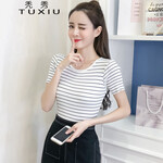 秃秀 针织衫女2019夏季新款女装短袖短款针织衫韩版修身短装上衣女 白色 均码