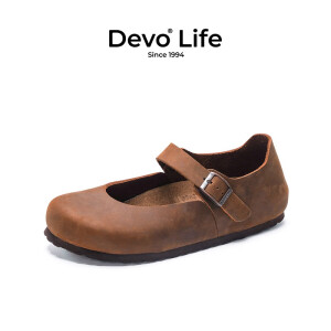 Devo Life的沃软木鞋包头搭扣包跟全包文艺森女日系复古休闲女鞋66009 深棕油蜡牛皮 36