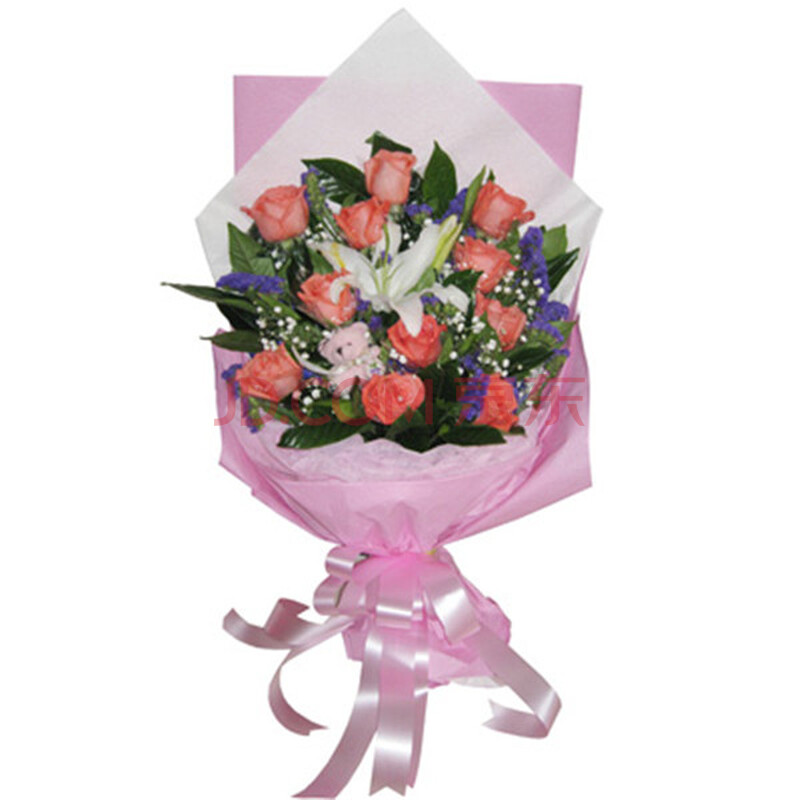 鲜花速递 全国送花 11枝粉玫瑰 1枝多头香水百合