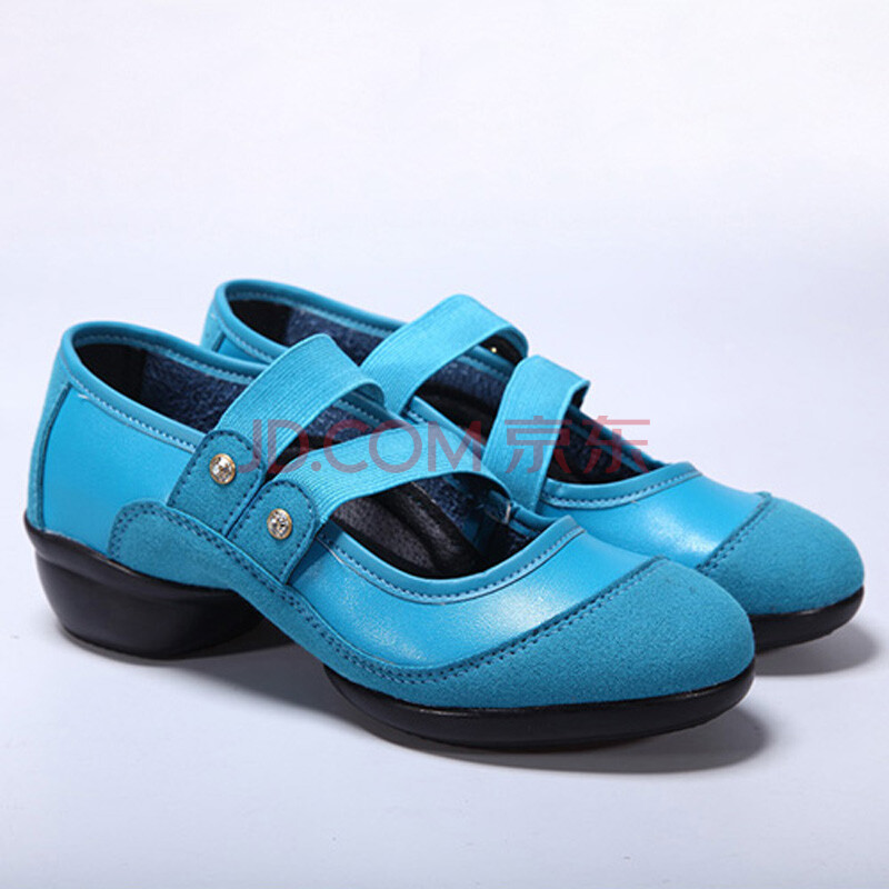 夏季头层牛皮方口舞蹈鞋女士增高软底广场健身凉鞋跳舞鞋sg025 蓝色
