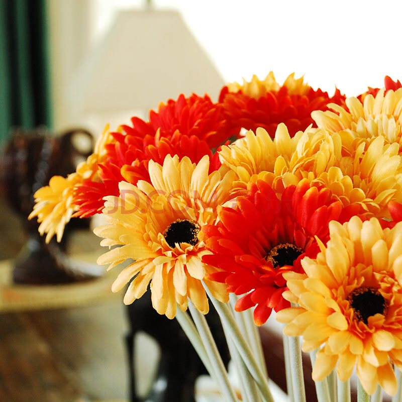 奇居良品 高仿真花假花绢花花艺 神秘毛杆高仿非洲菊扶郎十支装 夕阳