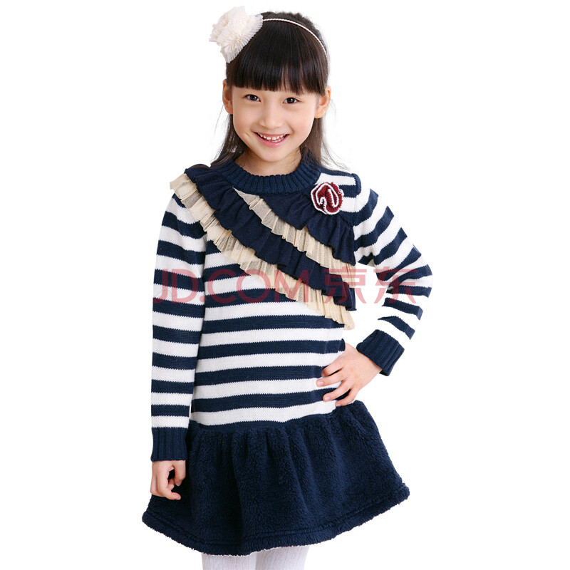绿盒子童装摩登小姐春秋款女童经典优雅条纹毛衣裙 藏青 120
