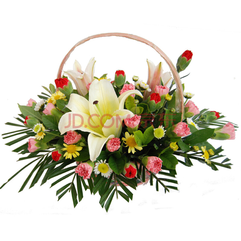 花易鲜花速递 婚庆花篮 装饰手提花篮30枝康乃馨3枝百合祝福花篮 全国