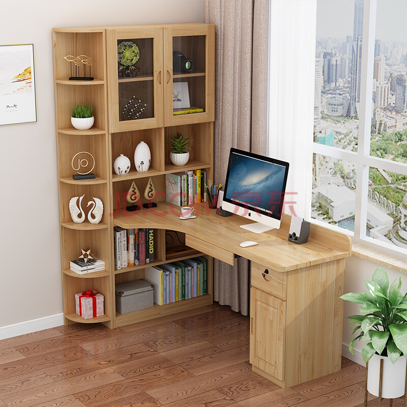 巧诺飞花实木书桌书架组合转角书桌简约家用书柜一体拐角电脑桌学习桌