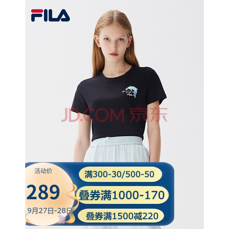 fila 斐樂女裝官方女士短袖t恤2021年夏季新款圓領運動上衣t恤 正黑色