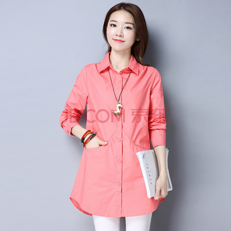 恒源祥新款韩版宽松大码春装宽松中年衬衫女中长款春秋棉衬衣妈妈衬衣