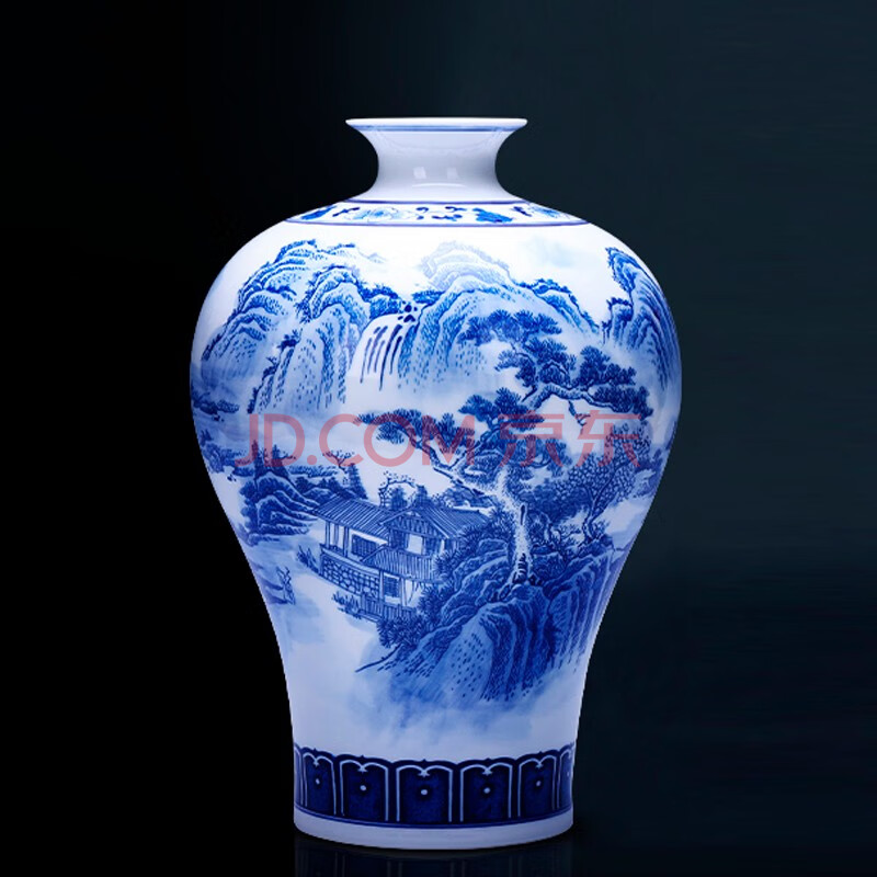 景德镇陶瓷器青花瓷花瓶花插摆件山水薄胎瓷瓶子中式客厅插花家居饰品