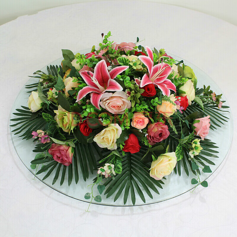 酒店餐桌花转盘花圆形餐台装饰花大圆桌中间桌面摆花台花仿真花卉 玫