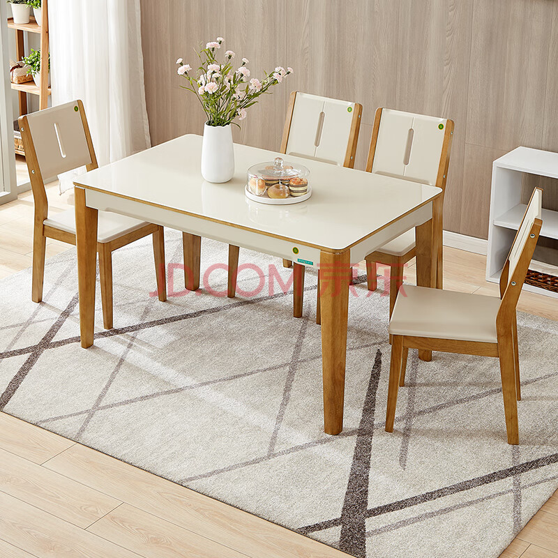 全友家居 餐桌椅现代简约钢化玻璃实木橡木框架餐桌椅组合120722 b款