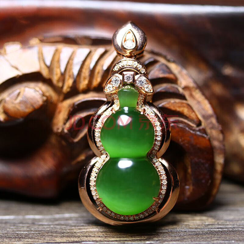 祥美瑞 和田玉碧玉猫眼葫芦吊坠女款镶嵌18k金送亲友送长辈自戴收藏
