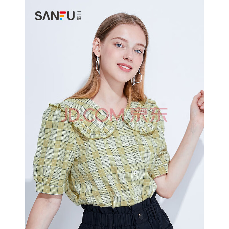 sanfu/三福衬衫女2020夏季复古格子荷叶边娃娃领短袖衬衣女426792 绿