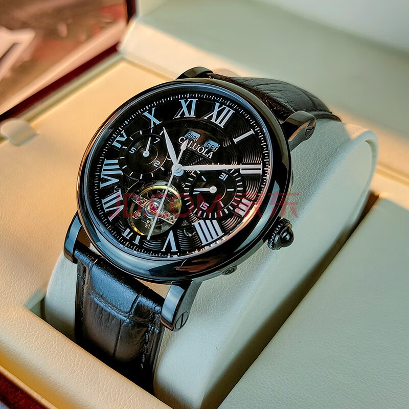 卡罗莱(caluola)全自动机械表飞轮皮带男士手表镂空复古男款手表防水