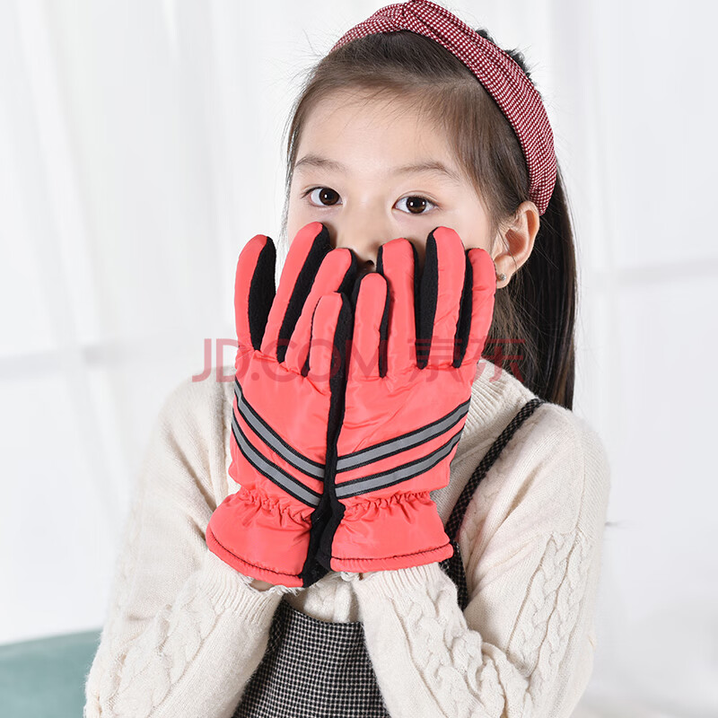 防水玩雪加厚加绒保暖男童防风小孩女童滑雪五指男 儿童款 反光条手套