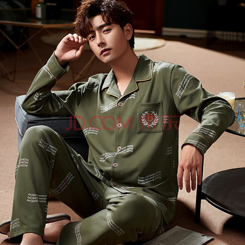 秋冬款套头衬衫休闲宽松100%纯棉长袖长裤男士家居服套装 hff881869-2