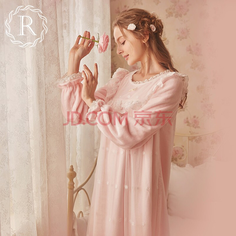tree宫廷睡裙女士春季长袖性感长款蕾丝复古公主睡衣可爱韩版 粉红色