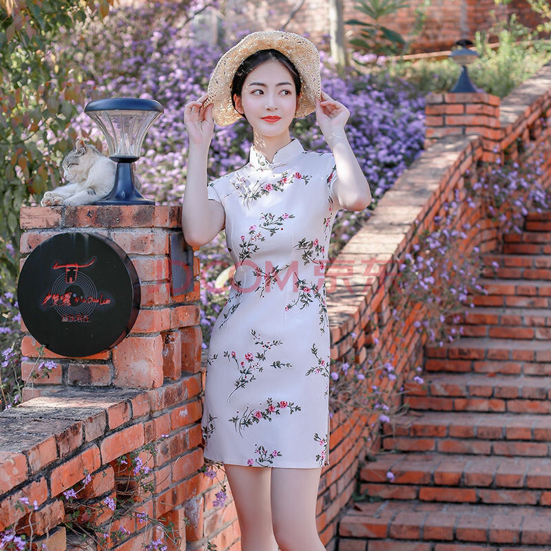 文艺清新2020夏改良性感短款日常显瘦连衣裙复古 忘忧草-旗袍女性感 s