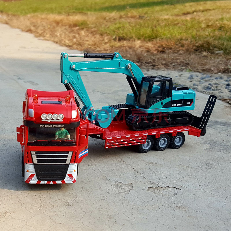 儿童收藏摆件玩具1:50半挂平板拖车合金运输车模型拉铲车挖掘机压路机