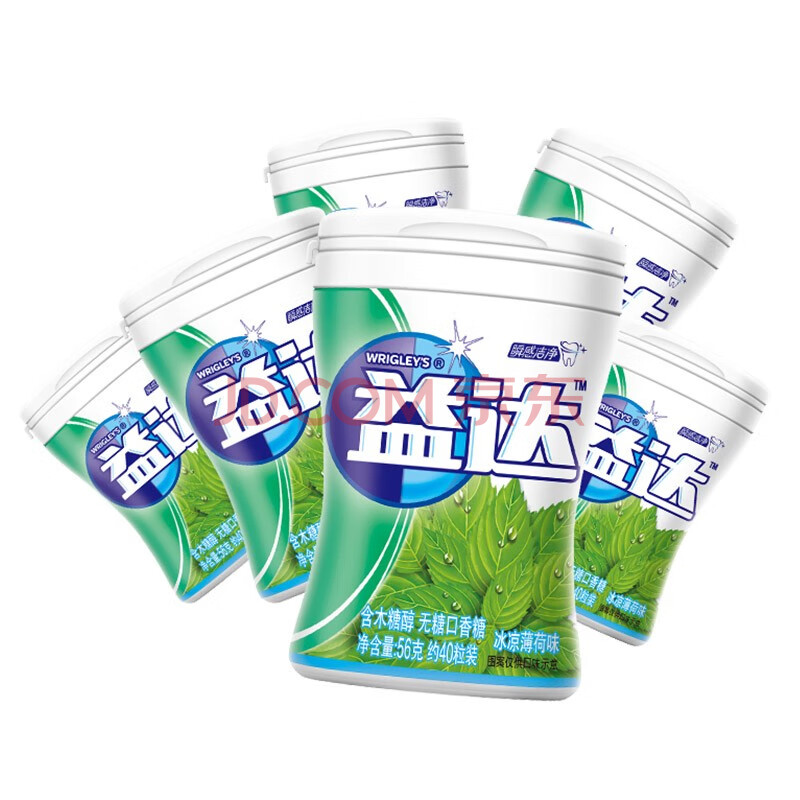 益达extra木糖醇无糖口香糖冰凉薄荷约40粒56g6瓶装办公室休闲零食