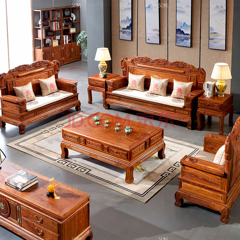 父制 红木家具非洲花梨(学名:刺猬紫檀)全实木雕花款弯脚加粗沙发客厅