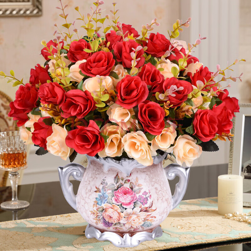 花电视柜干花摆设室内盆栽仿真花艺塑料插花 新大红 带须玫瑰红 b花瓶