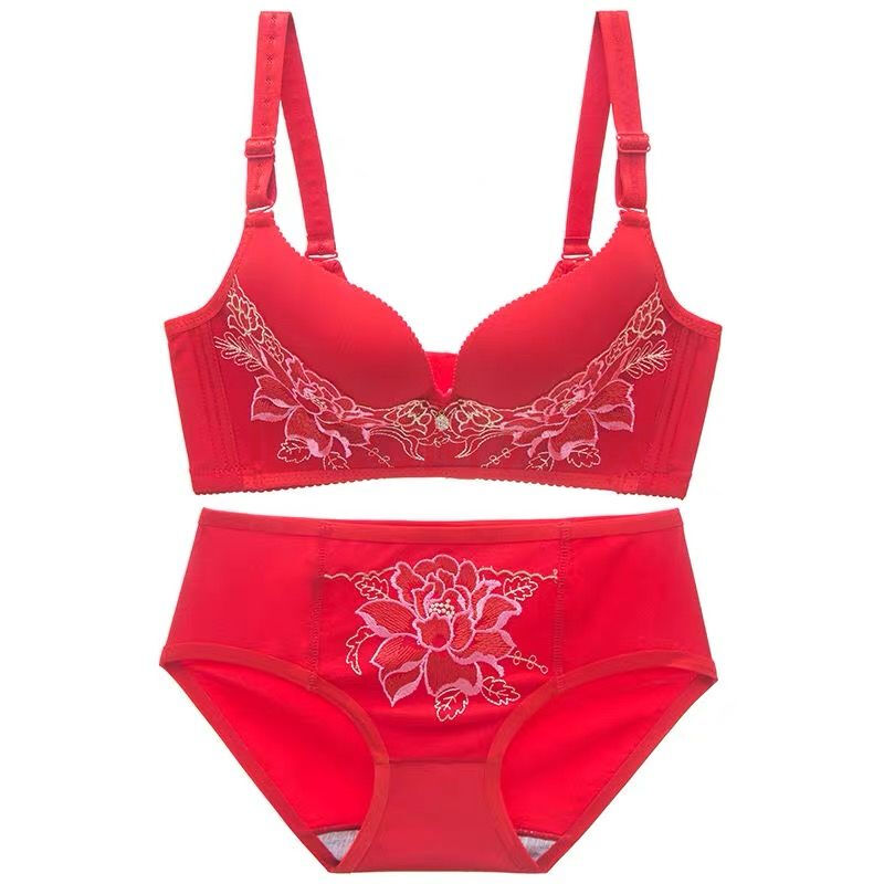 红色内衣套装文胸聚拢无钢圈性感刺绣小胸罩结婚新娘 牡丹花【套装】