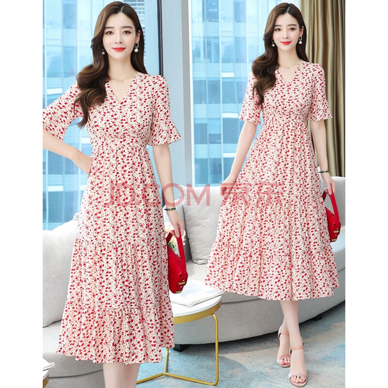 羽虹阁碎花雪纺连衣裙女2021夏季新款v领轻熟风收腰显瘦气质印花长款