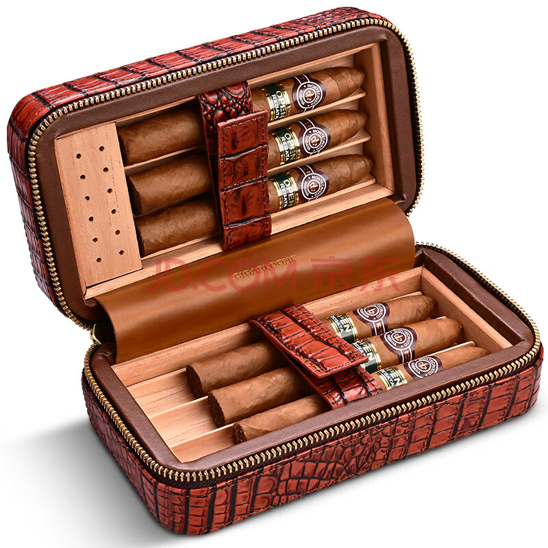 茄龙(cigarloong)雪茄盒便捷式双层6支装牛皮革雪松木保湿盒礼盒装cla
