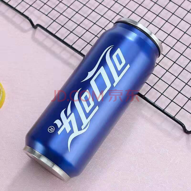 创意潮易拉罐吸管304不锈钢保温杯男女学生情侣水杯 可口可乐蓝单盖