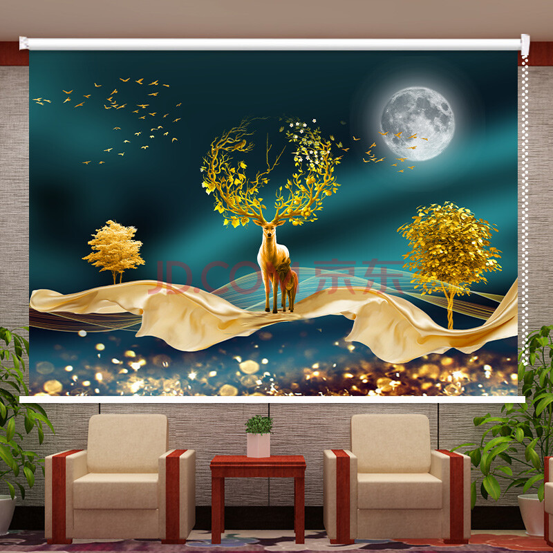 画卷帘办公室书房卧室阳台遮光防水窗帘中式手拉升降 金鹿吉祥(10) 宽