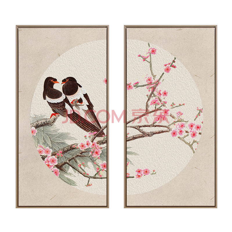 墙上装饰画新中式禅意双联圆形画植物花鸟棉质油画布沙发玄关挂画 双