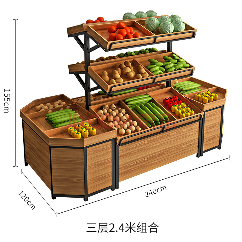 超市水果货架展示架蔬菜架子水果店摆果框钢木果蔬置物架商用 三层2