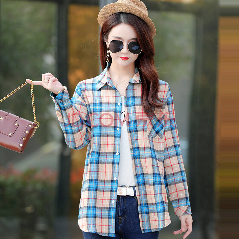 姜依轩春秋季新款女式长袖格子衬衫方领时尚修身显瘦大码女装上衣女