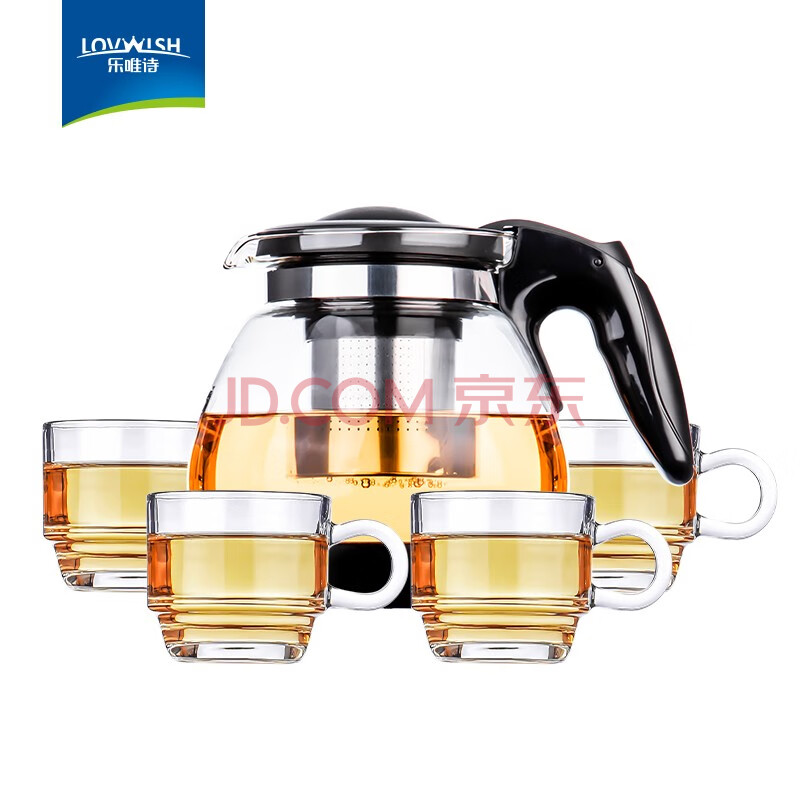 Lovwish 乐唯诗 不锈钢过滤网玻璃茶具5件套 (1壶+4杯)