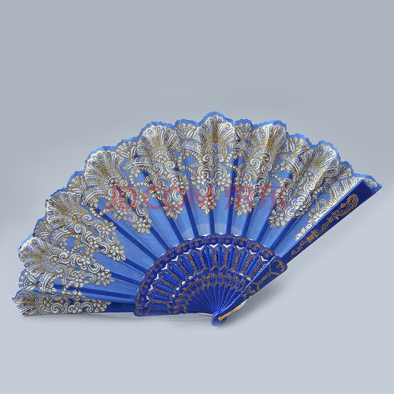 扇子日系洛丽塔复古黑色白色蕾丝折扇扇子茶会羽毛扇古风网红 蓝色