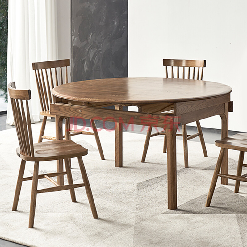 罗西家具 北欧现代客厅家用圆形4人6人吃饭桌子 伸缩实木餐桌组合 圆