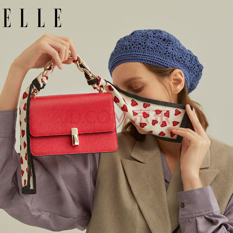 elle 【限量抢购】牛皮时尚钉扣斜挎包链条包单肩包女包 红色 均码