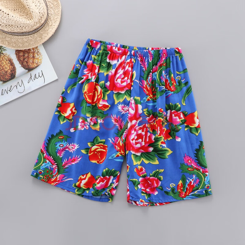 休闲薄款男女情侣居家宽松阔腿大裤衩五分裤 蓝色大花短裤(口袋版)