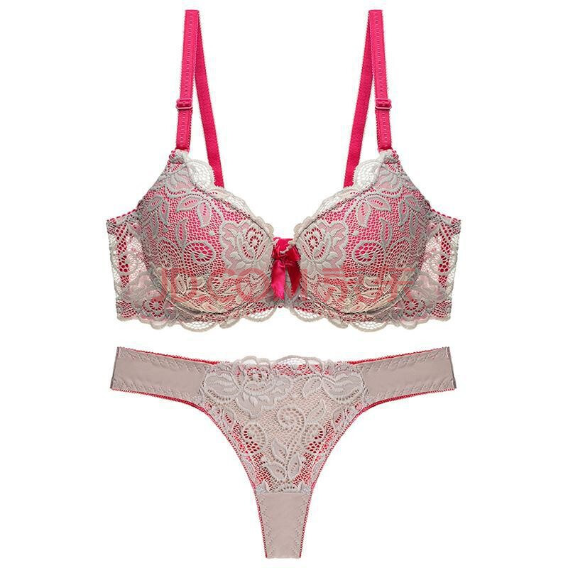 装女士性感蕾丝拼色文胸套装聚拢定型bc通杯内衣 米白色 36=80bc通杯
